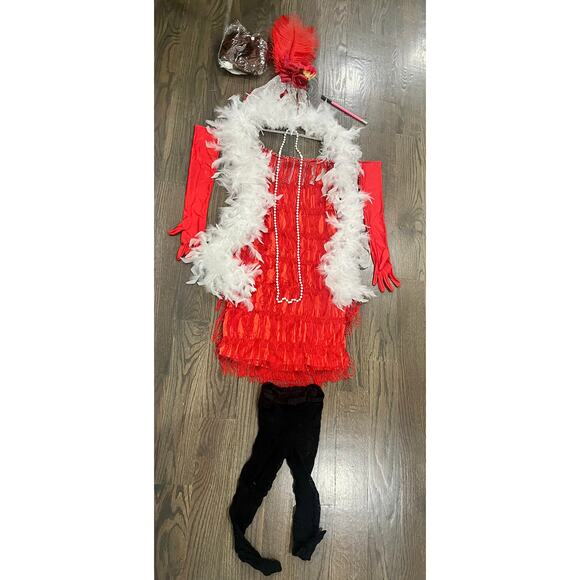 Red 1920s Flapper Dress Costume Set Headpiece Gloves Boa Wig Necklace Sz 4 Small - Picture 6 of 16